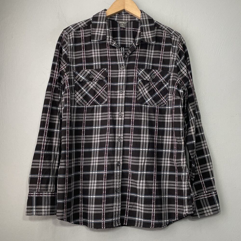 Eddie Bauer Button Up Shirt Womens Size Large Black Plaid Embroidered Casual
